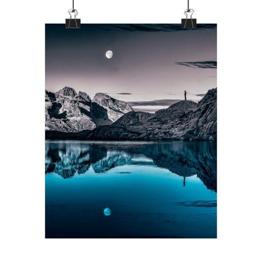 Mountain landscape with a lake and moon reflection