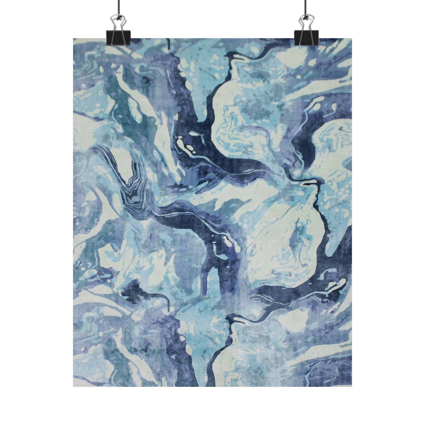 Abstract art print with blue and white patterns on a white background