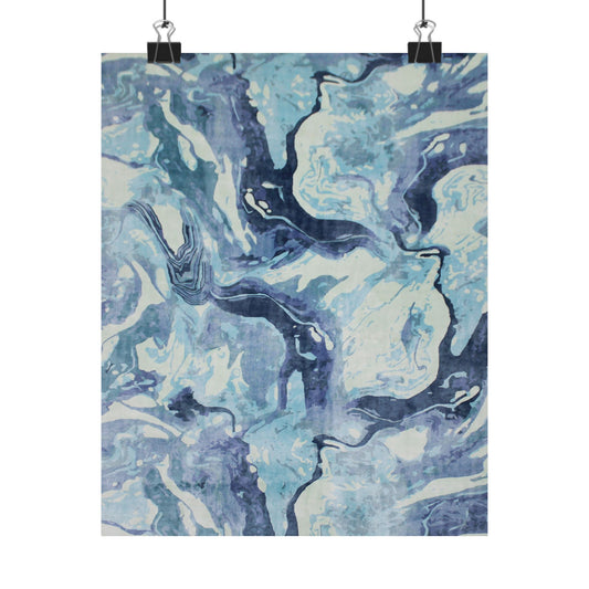 Abstract art print with blue and white patterns on a white background