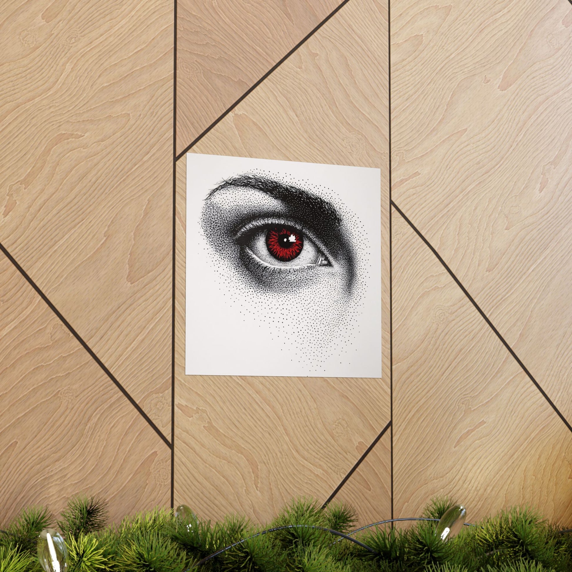 Art print of a detailed eye on a wooden surface with greenery at the bottom.