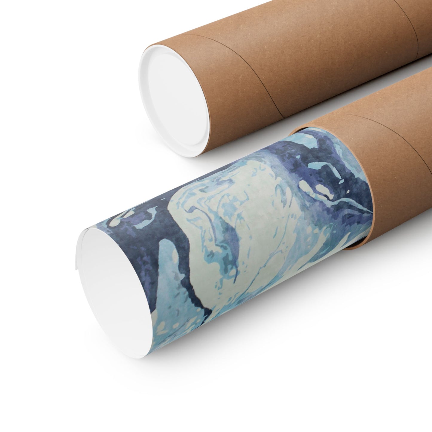Roll of paper with blue and white abstract design on a cardboard tube against a white background