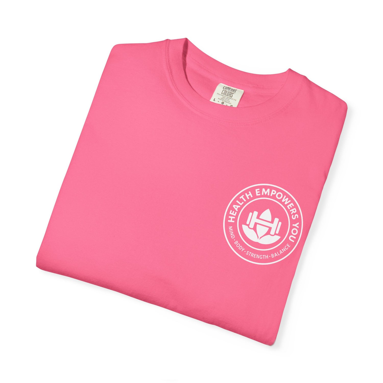Pink t-shirt with a logo and text on a white background