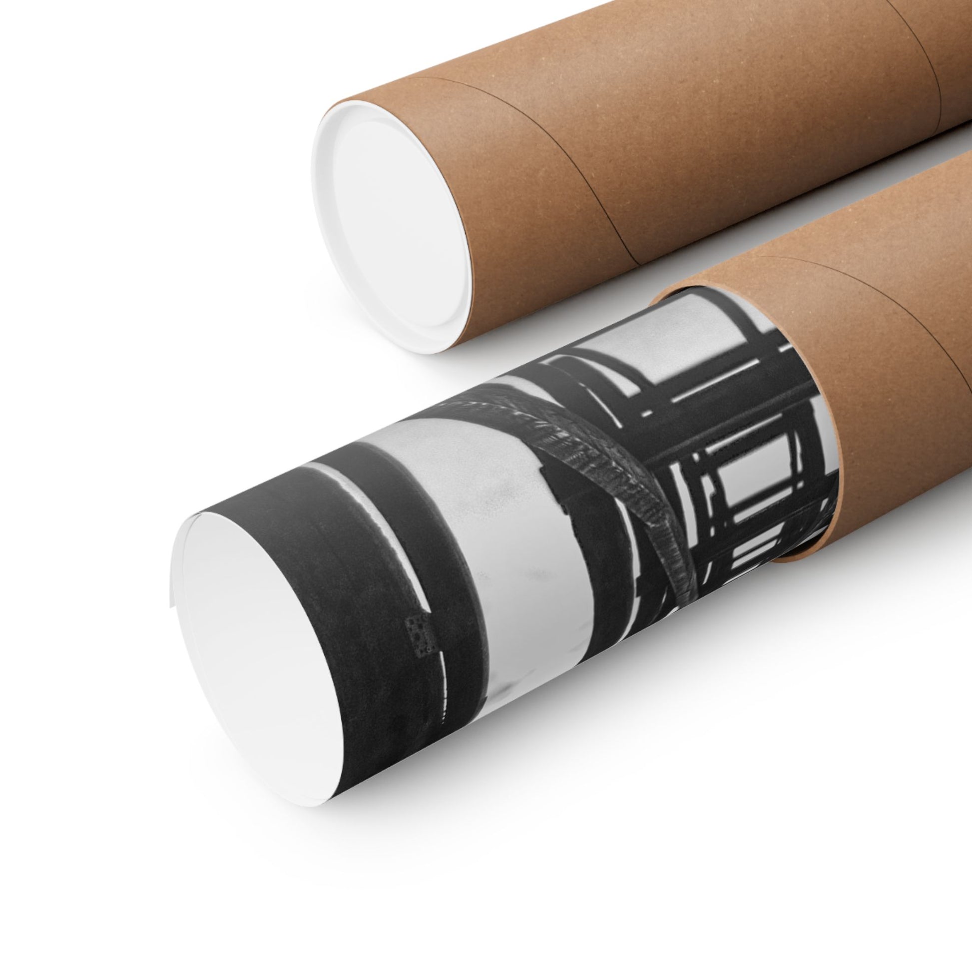 Two cardboard tubes with one featuring a black and white design on a white background