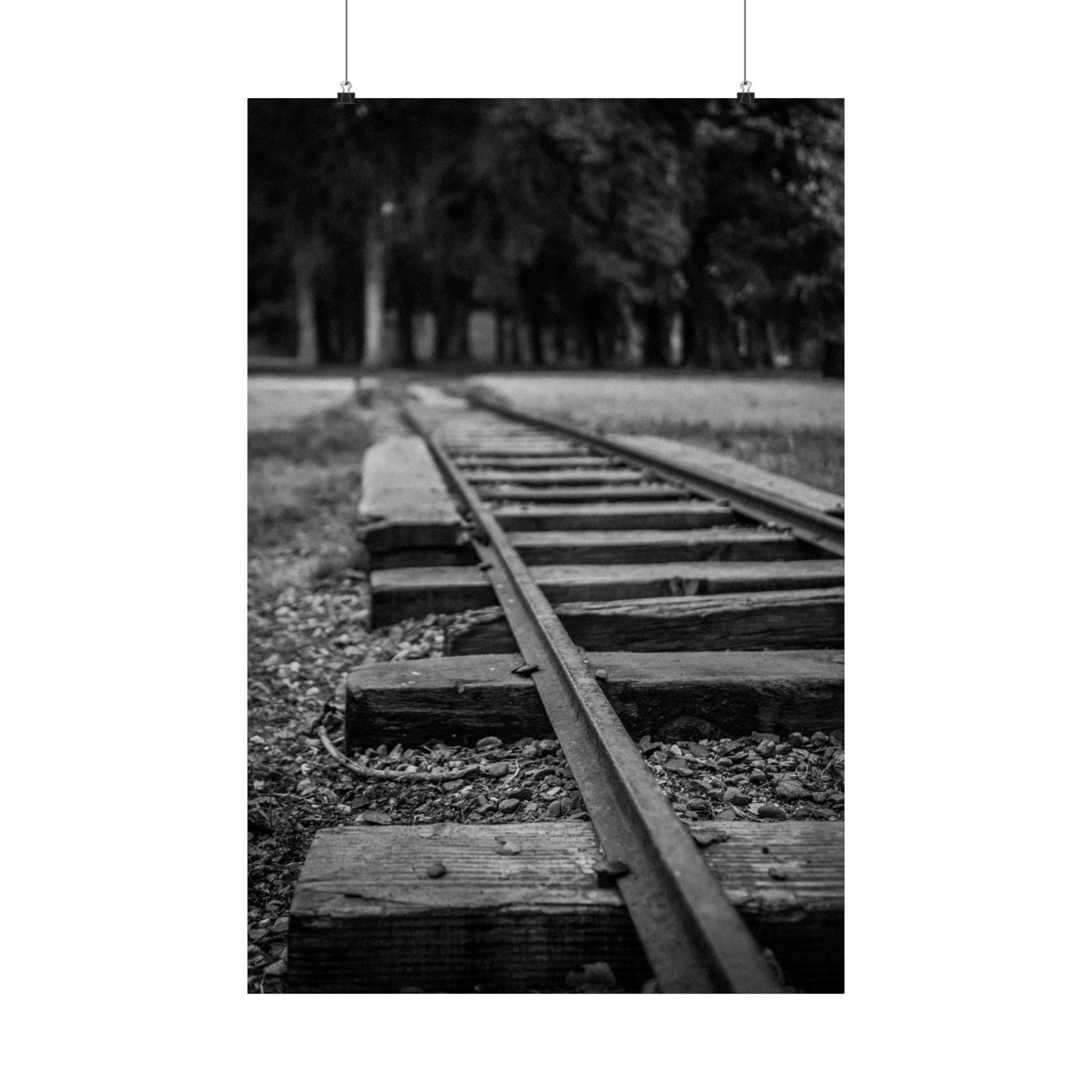 Black and white photograph of a railway track with trees in the background