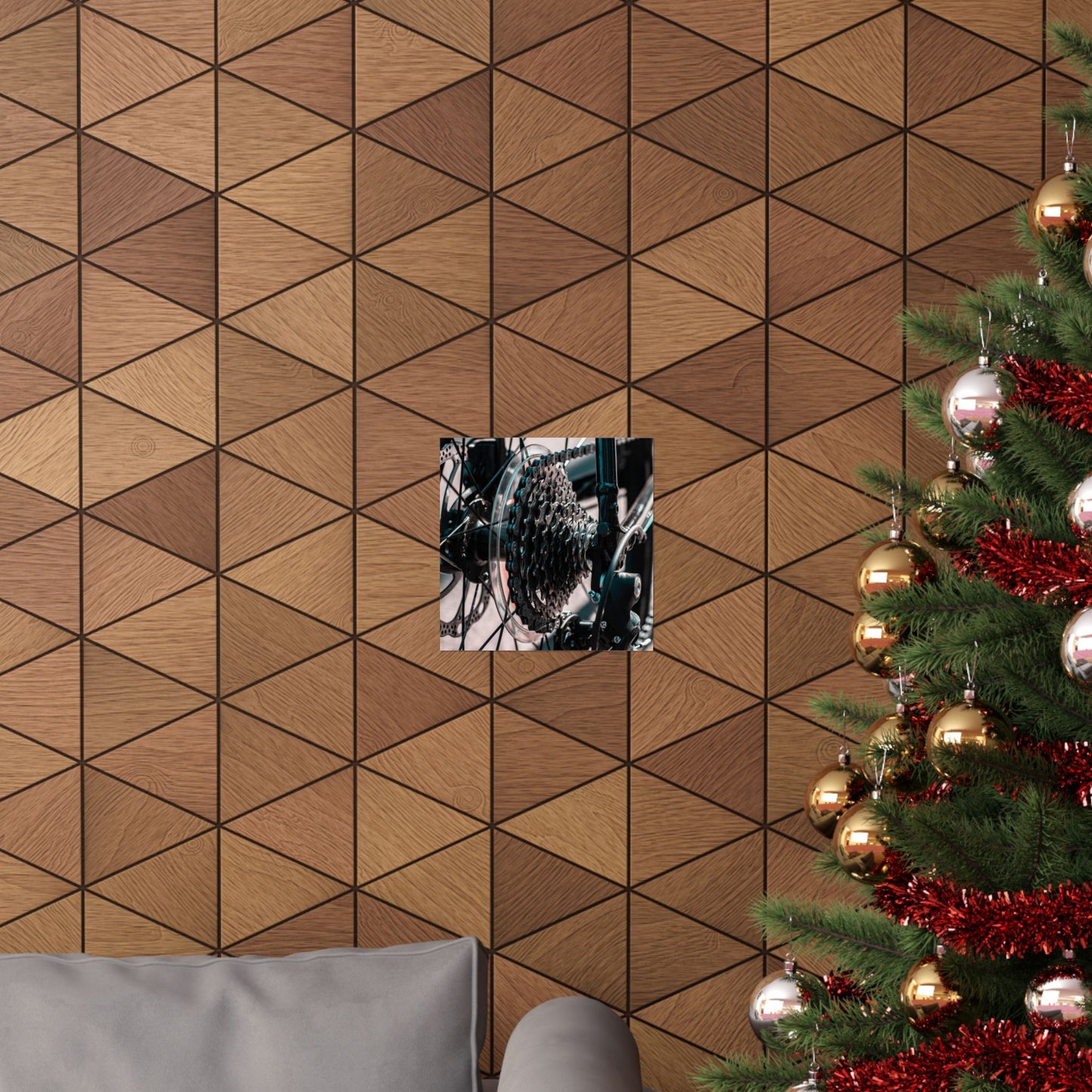 Wooden wall with geometric pattern next to a decorated Christmas tree