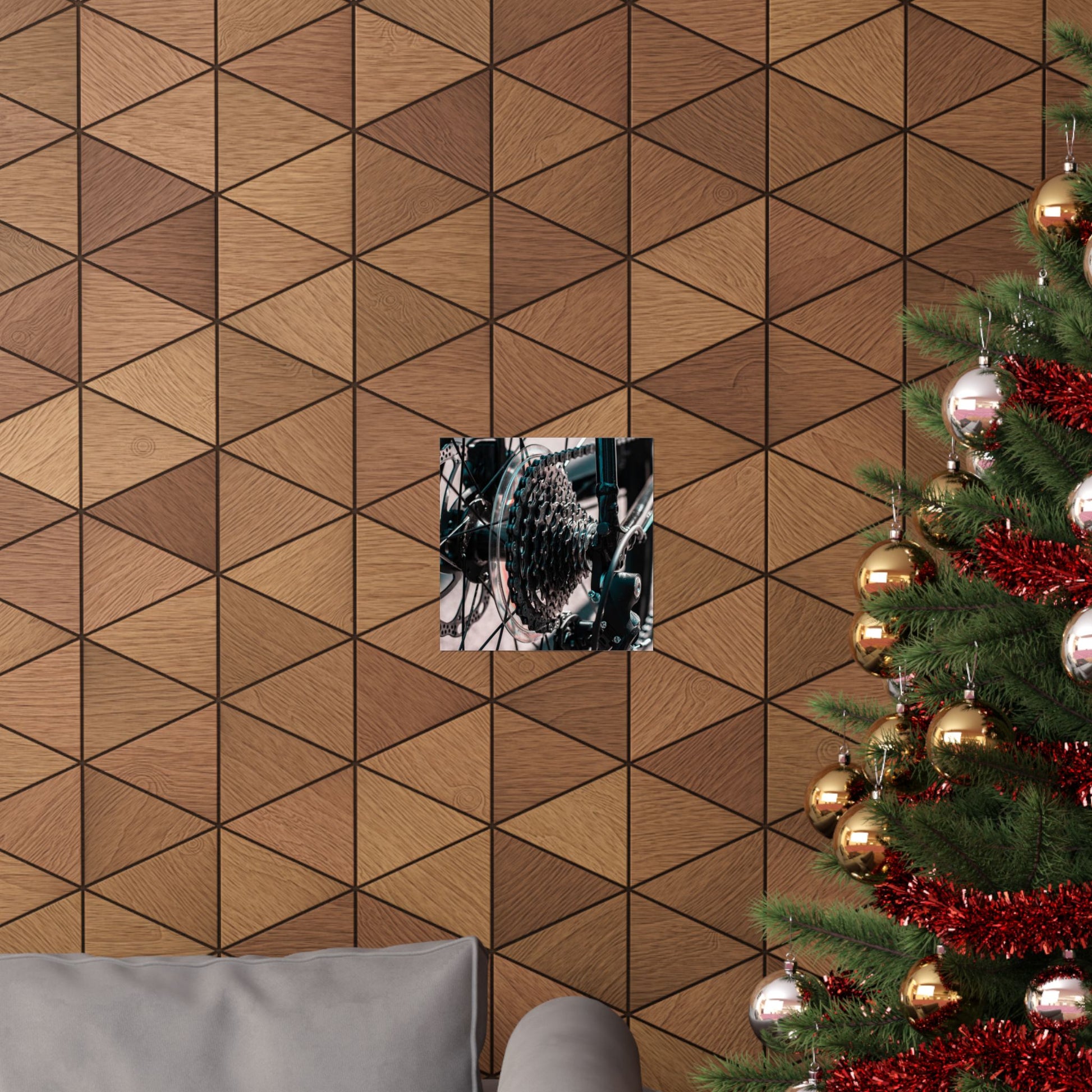 Wooden wall with geometric pattern next to a decorated Christmas tree