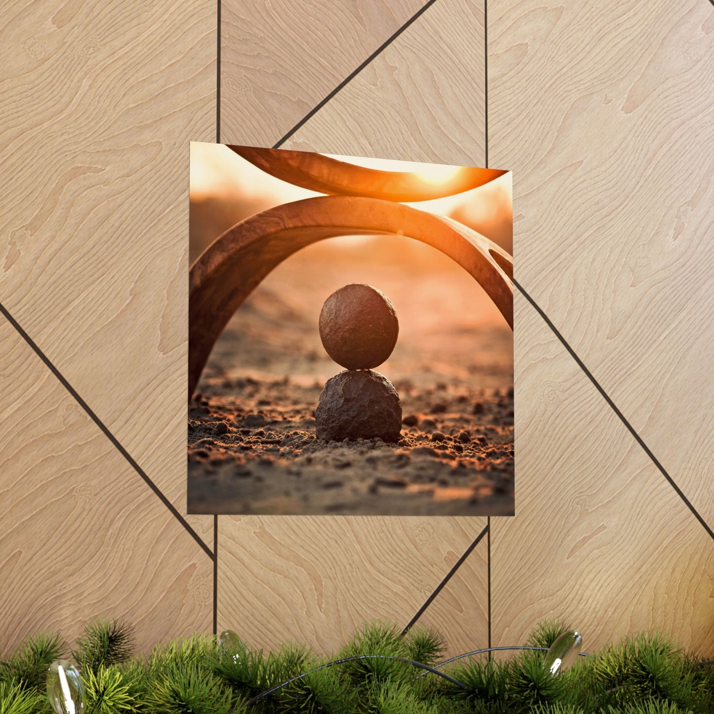 Balanced stones in a natural setting with geometric wall design