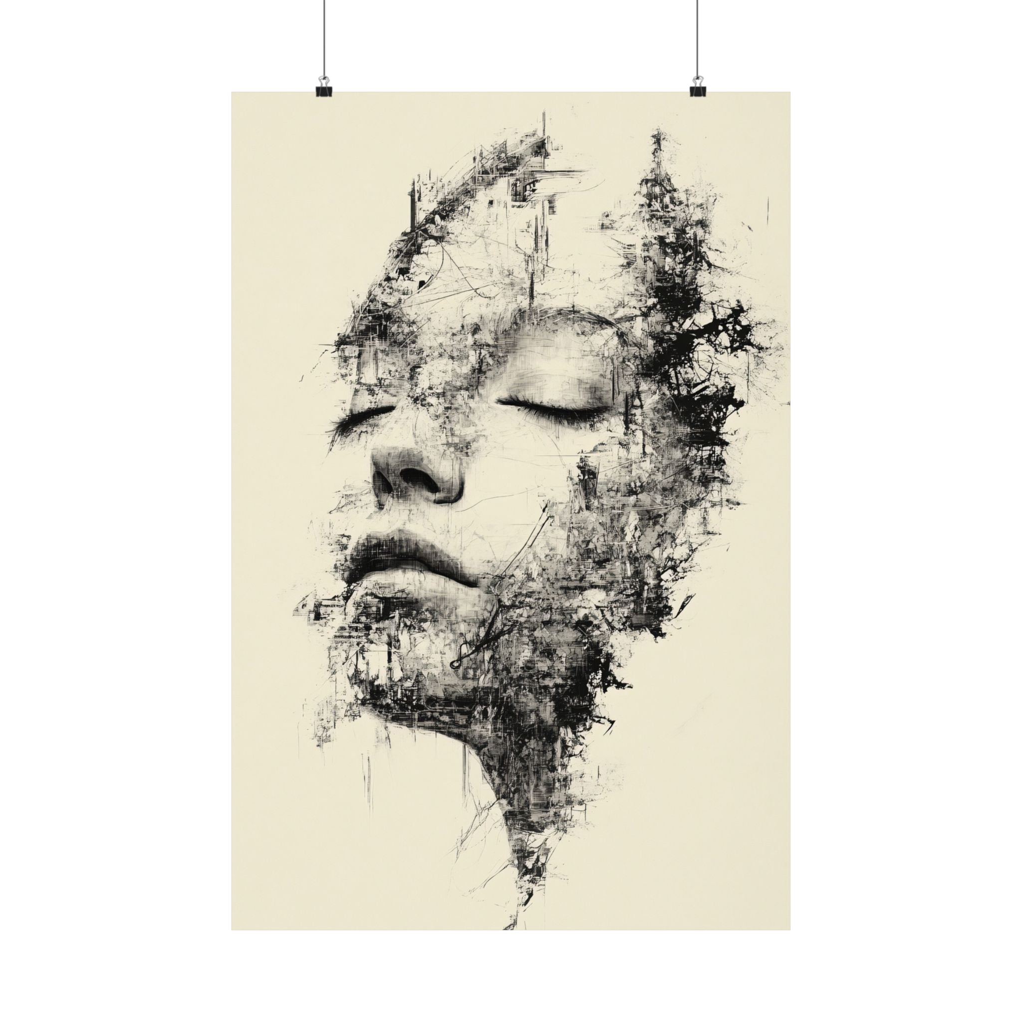 Abstract black and white art print of a face on a beige background