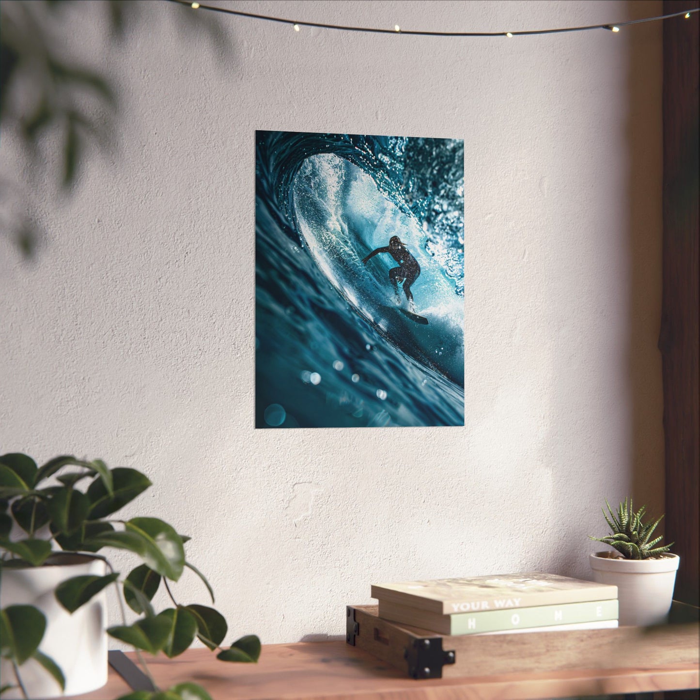 Poster of a surfer on a wave hanging on a wall above a desk with plants.
