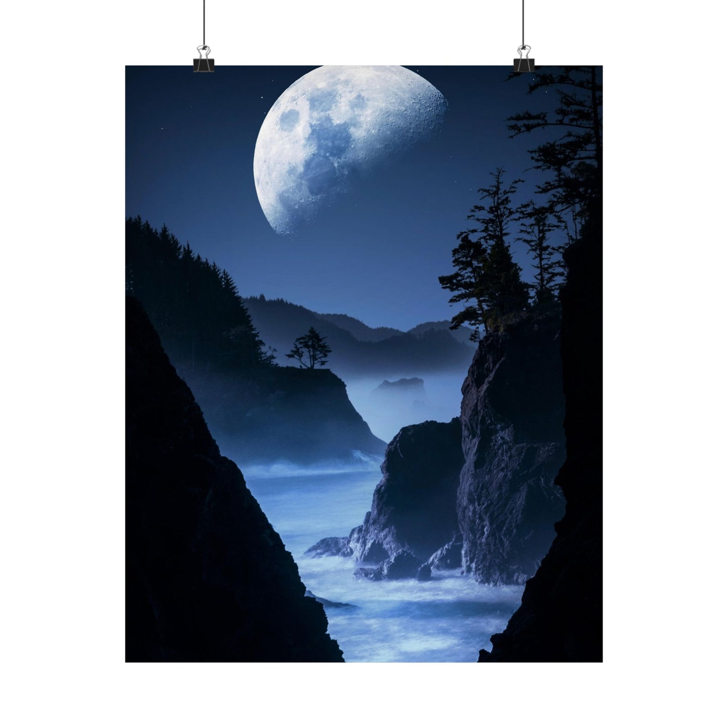 Scenic view of a moonlit landscape with cliffs and trees.