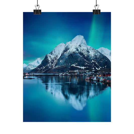 Poster of a mountain landscape with a lake and aurora borealis.