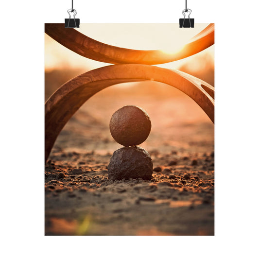 Two stones balanced on top of each other with abstract curved lines and a warm color palette.