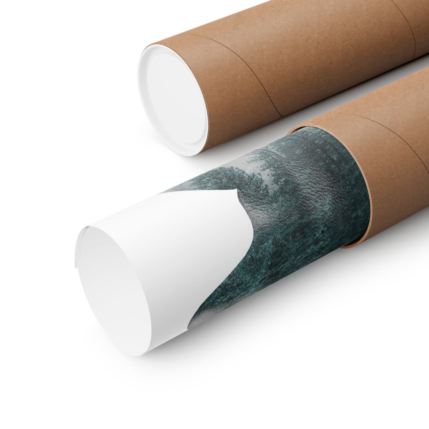 Two rolls of paper with one featuring a green marble pattern on a white background
