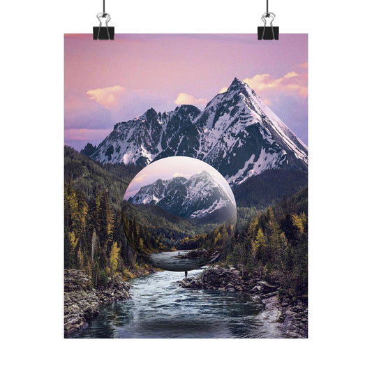Mountain landscape with a spherical object in the center, surrounded by trees and water.