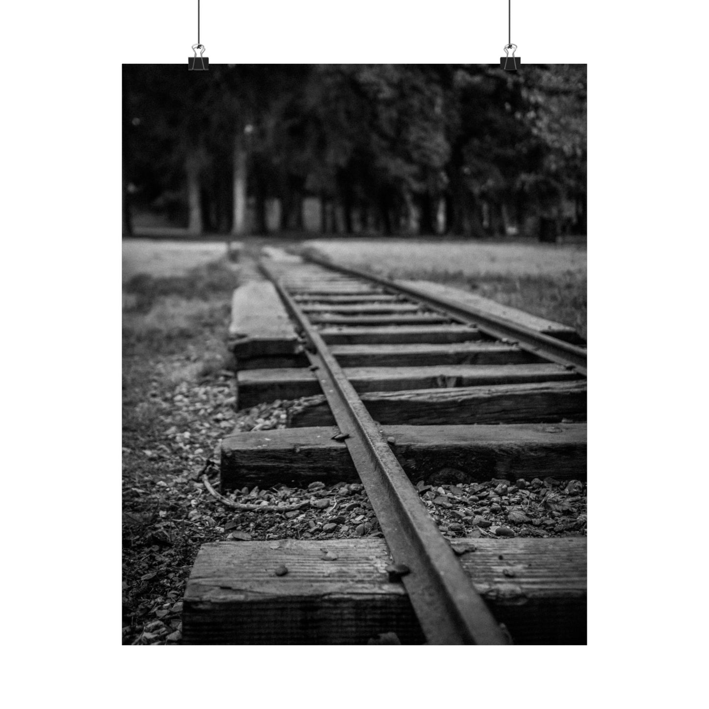 Black and white photograph of a railway track with trees in the background