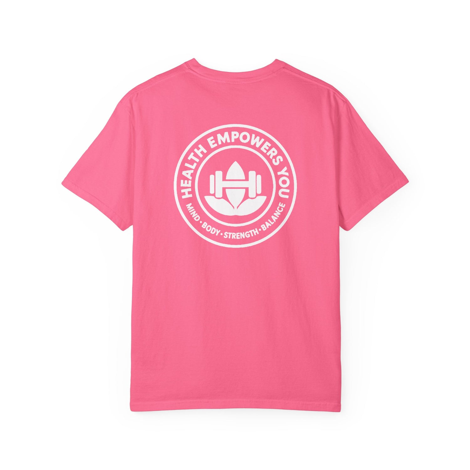 Pink t-shirt with a white logo and text on the back against a white background