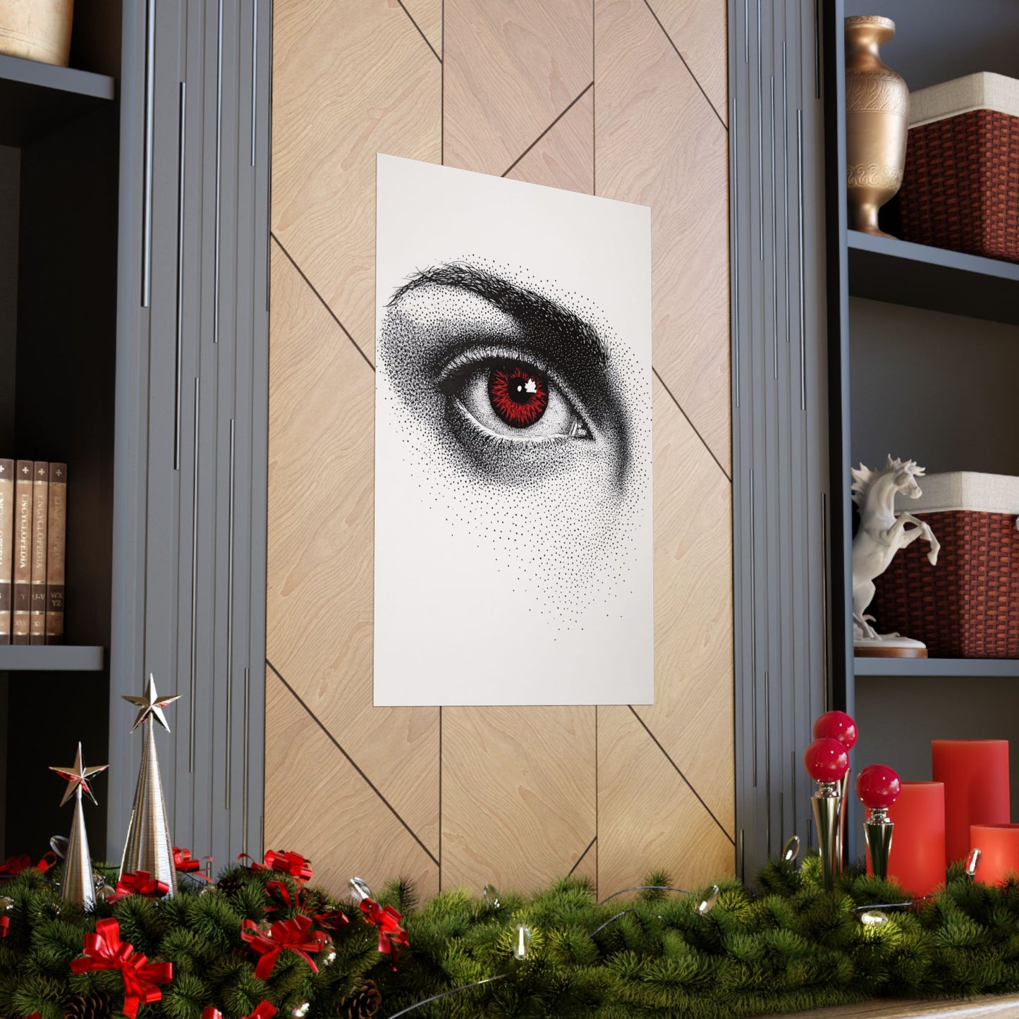 Decorative wall art of a detailed eye on a wooden wall with festive decorations below.