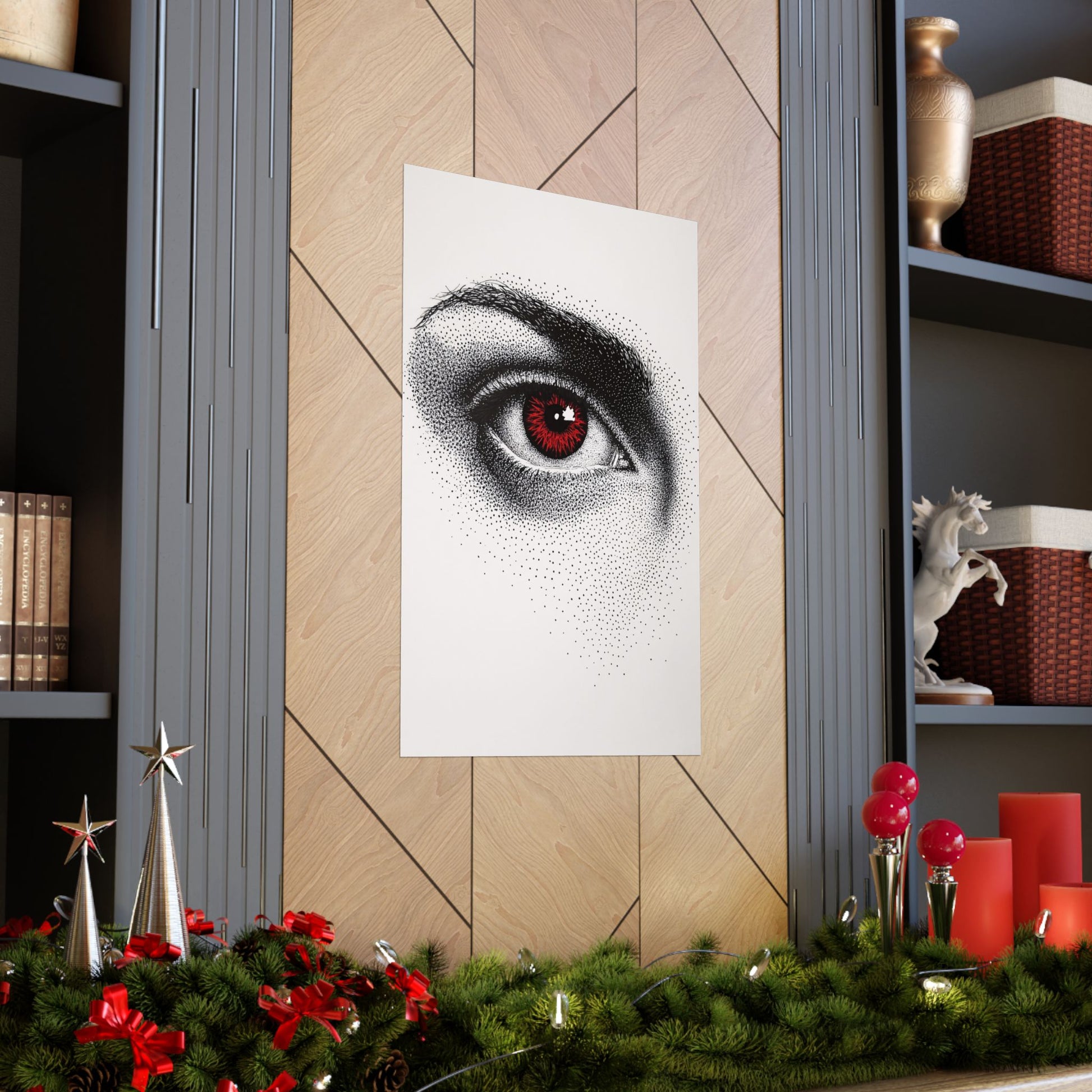 Decorative wall art of a detailed eye on a wooden wall with festive decorations below.