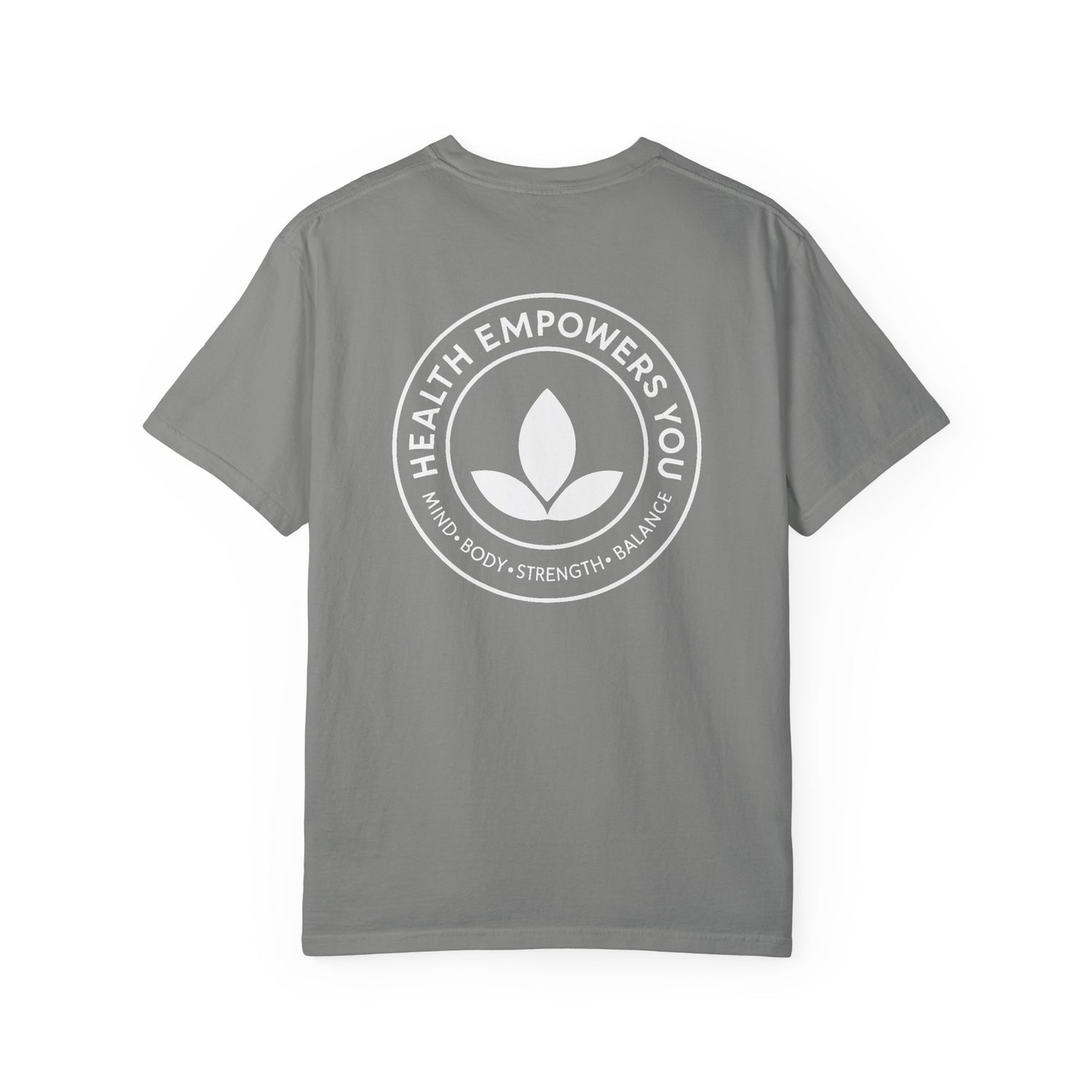 Gray t-shirt with a white logo and text on the back on a white background
