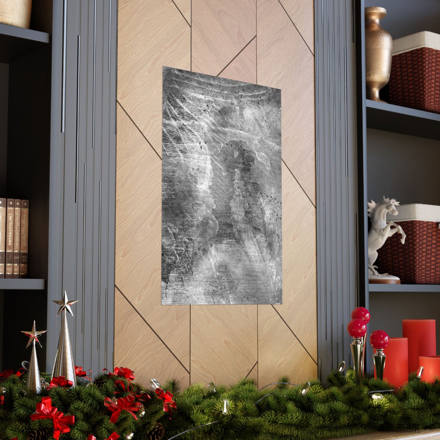 Decorative wall art on a wooden wall with festive decorations at the bottom.