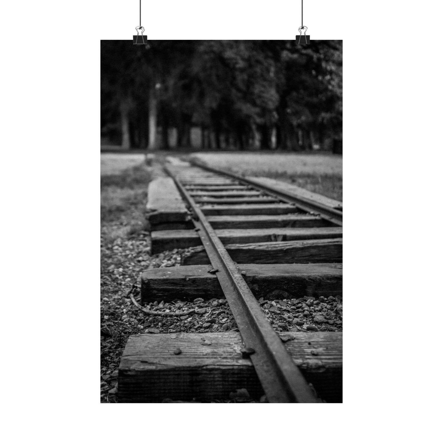 Black and white photograph of a railway track with trees in the background