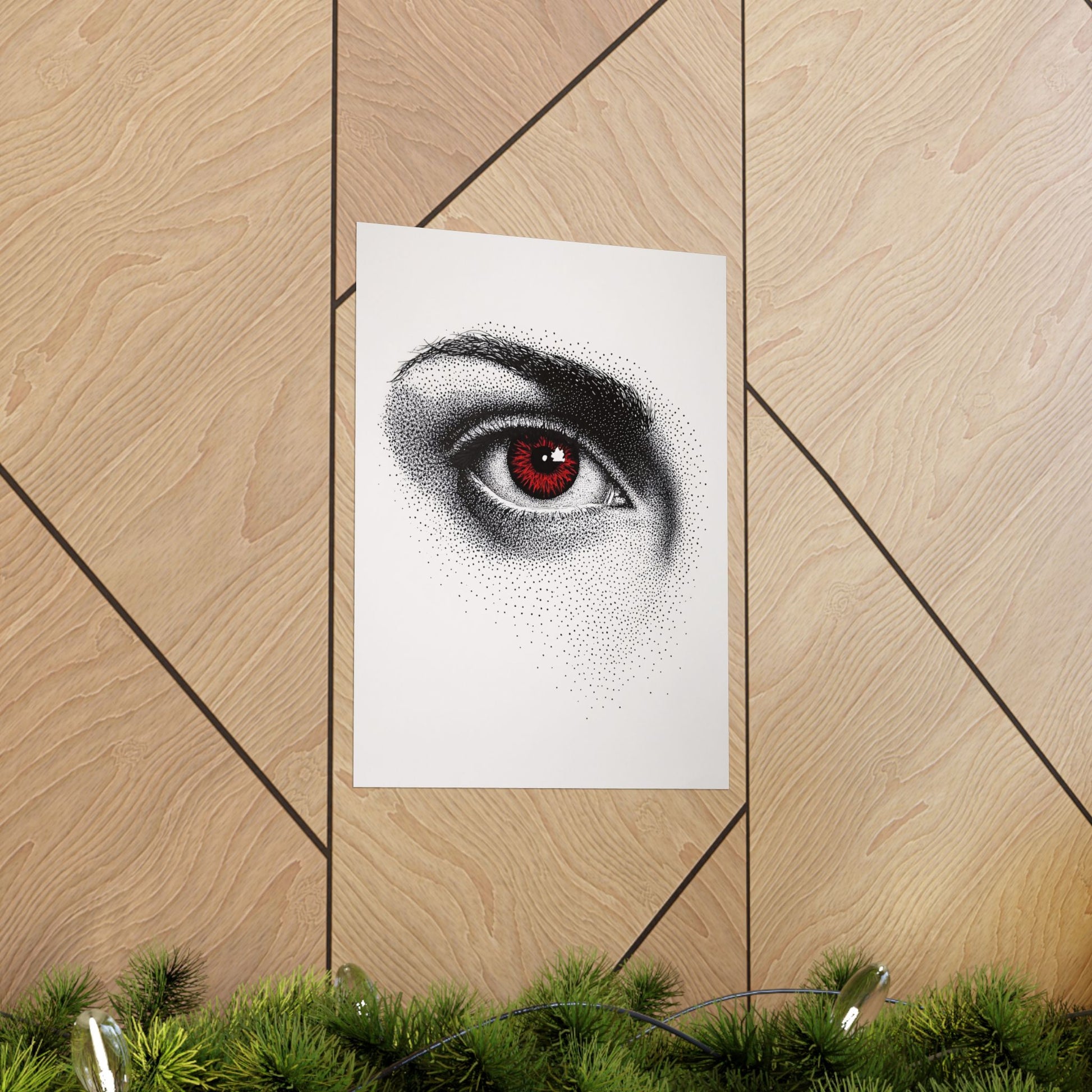 Art print of a detailed eye on a wooden wall with greenery at the bottom.