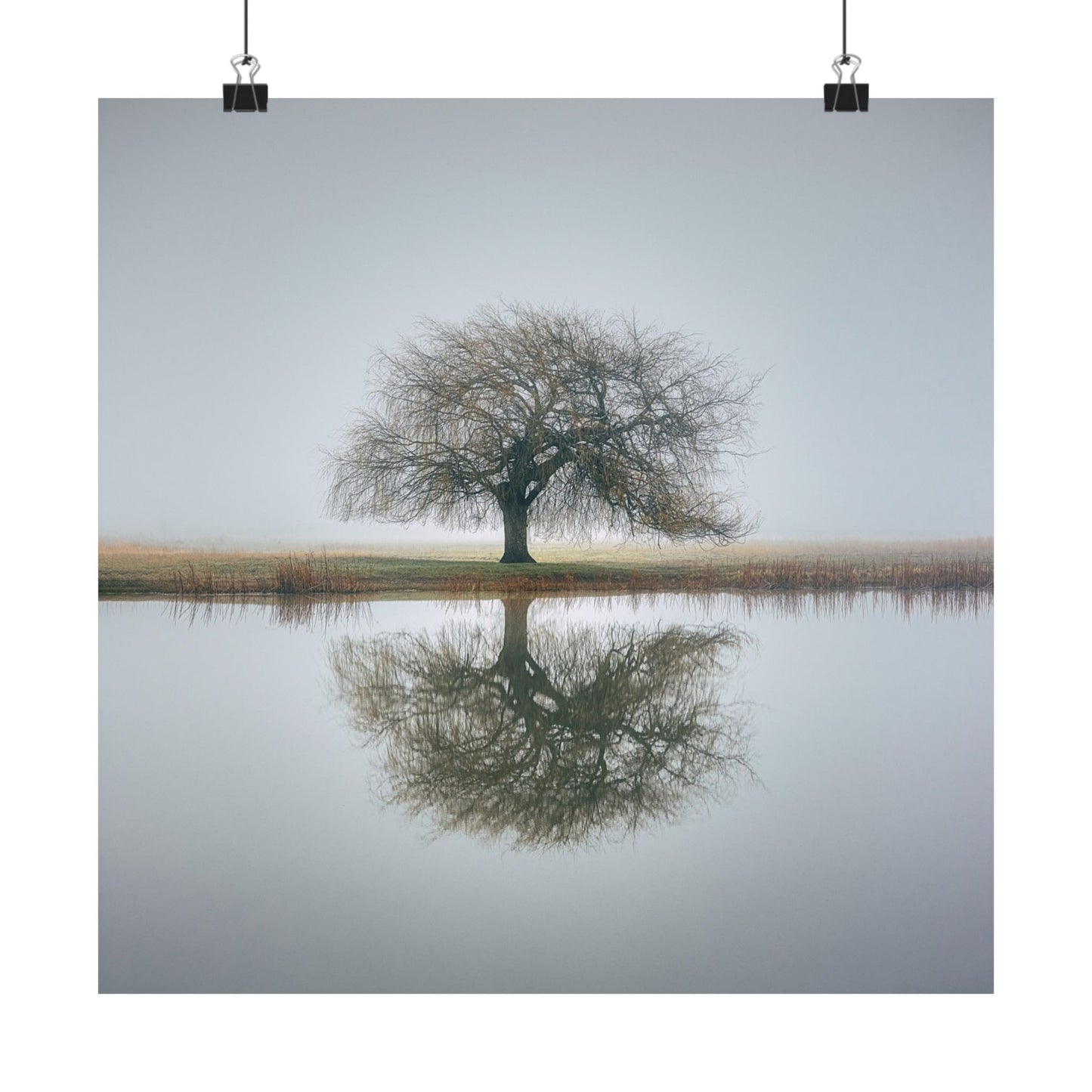 Tree reflected in water with a plain background