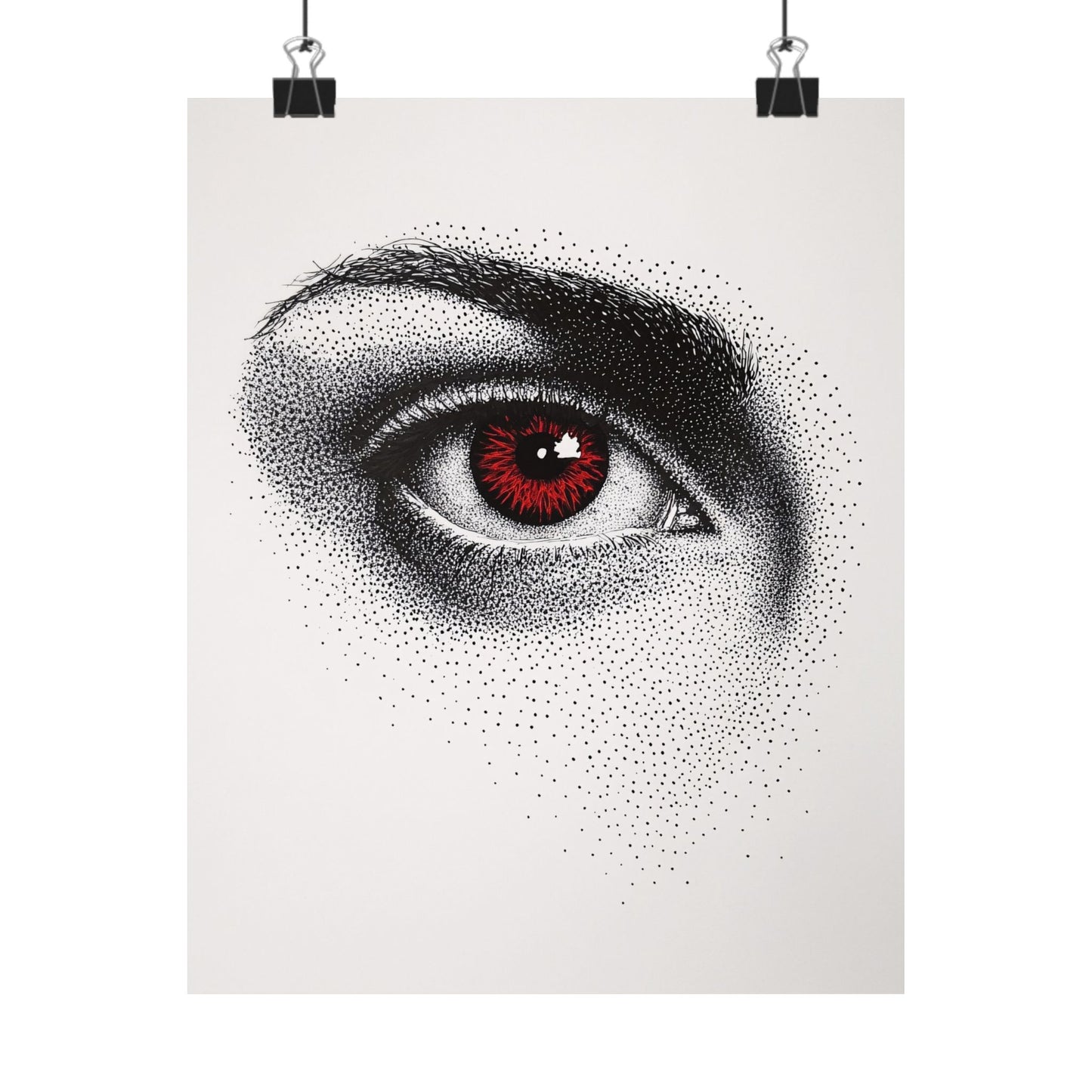 Artistic depiction of a detailed eye with black and white dots on a white background