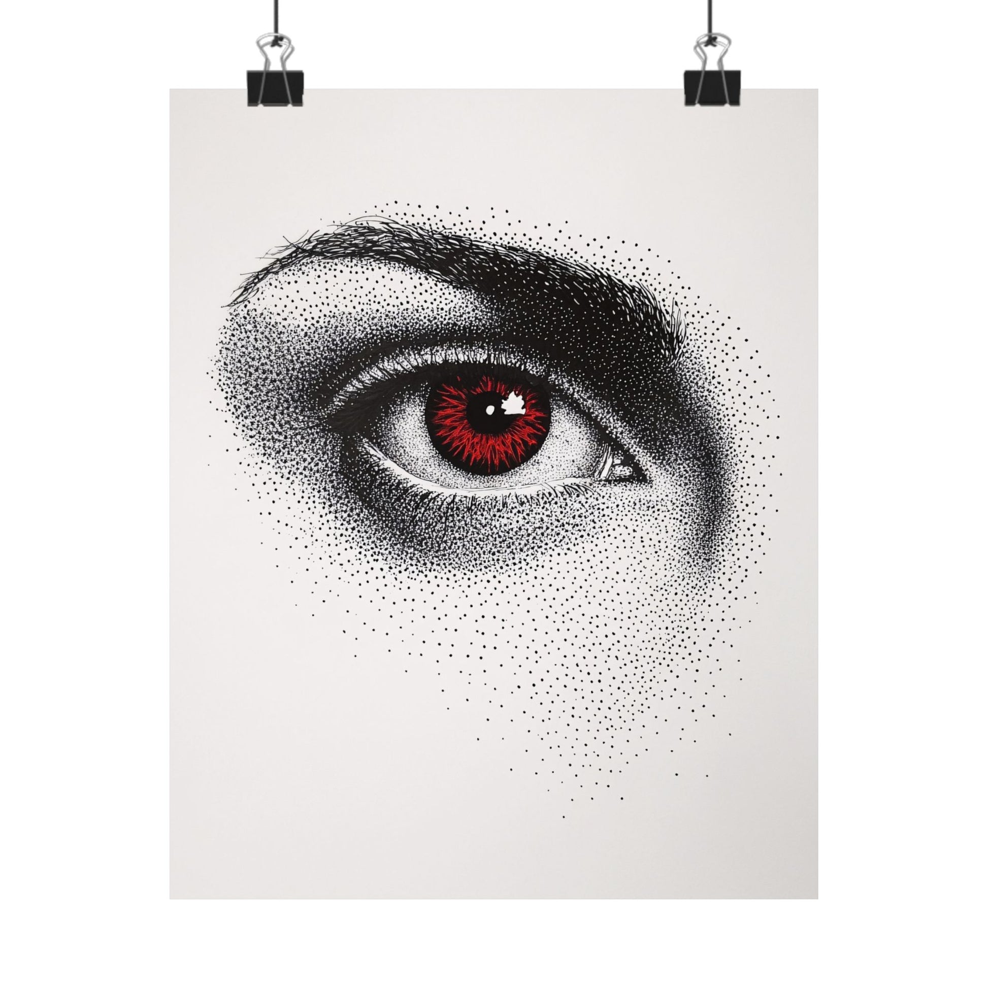 Artistic depiction of a detailed eye with black and white dots on a white background