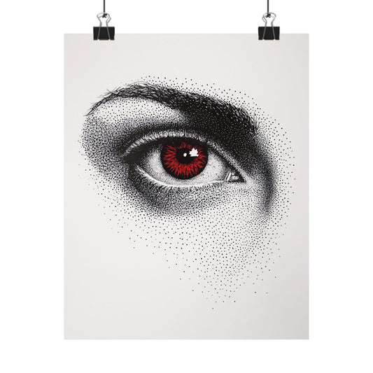 Artistic depiction of a detailed eye with black and white dots on a white background