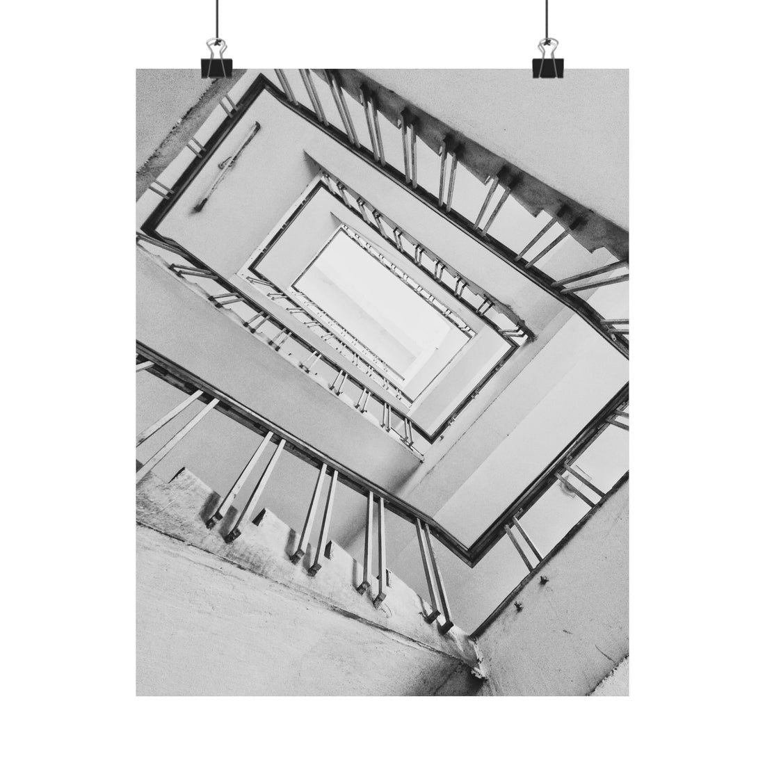 Black and white spiral staircase with geometric design