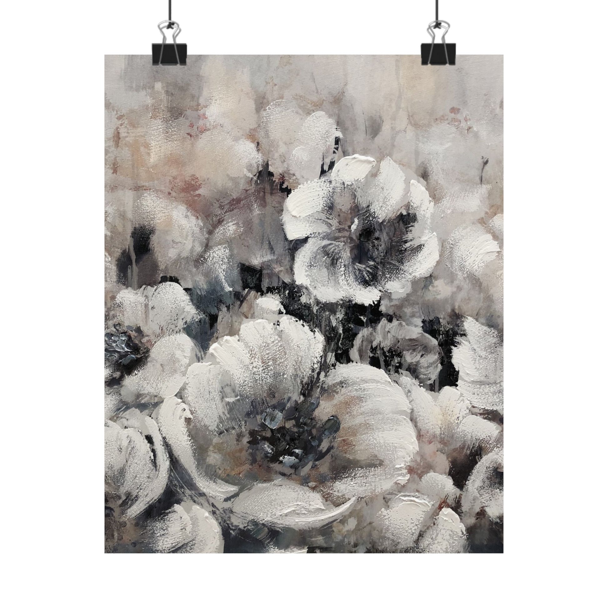 Abstract floral painting with soft gray and white tones on a textured background