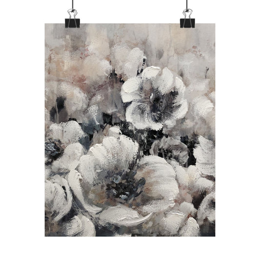 Abstract floral painting with soft gray and white tones on a textured background
