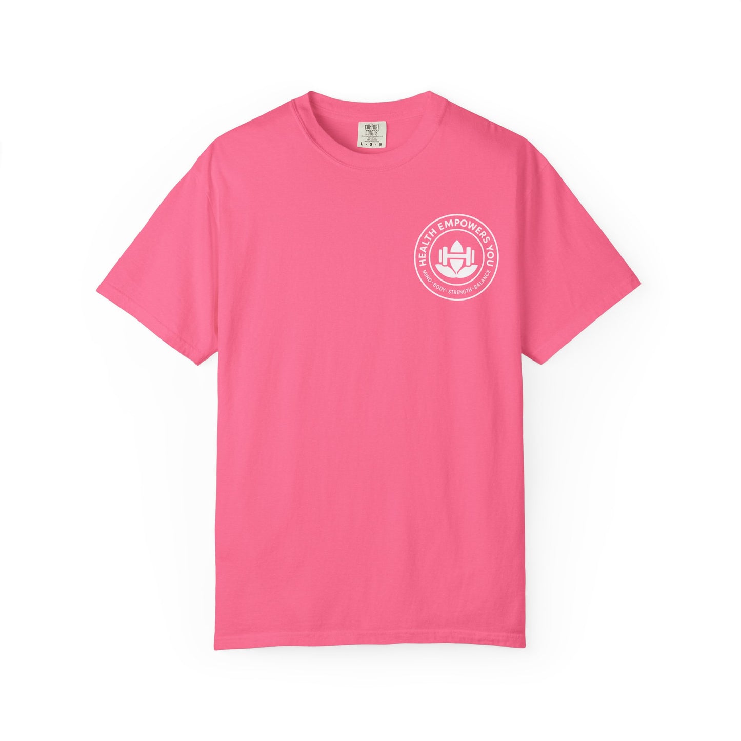 Pink t-shirt with a white logo on a white background