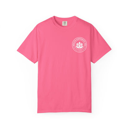 Pink t-shirt with a white logo on a white background