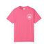 Pink t-shirt with a white logo on a white background