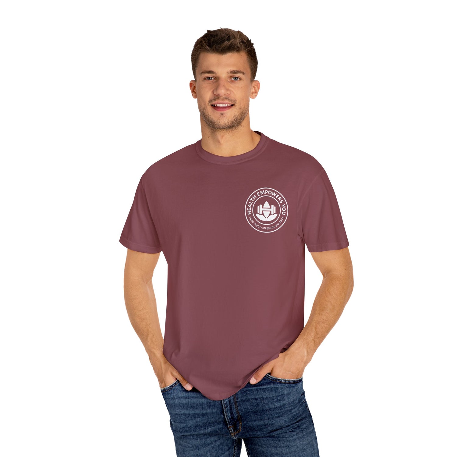 Man wearing a maroon t-shirt with a logo on a white background