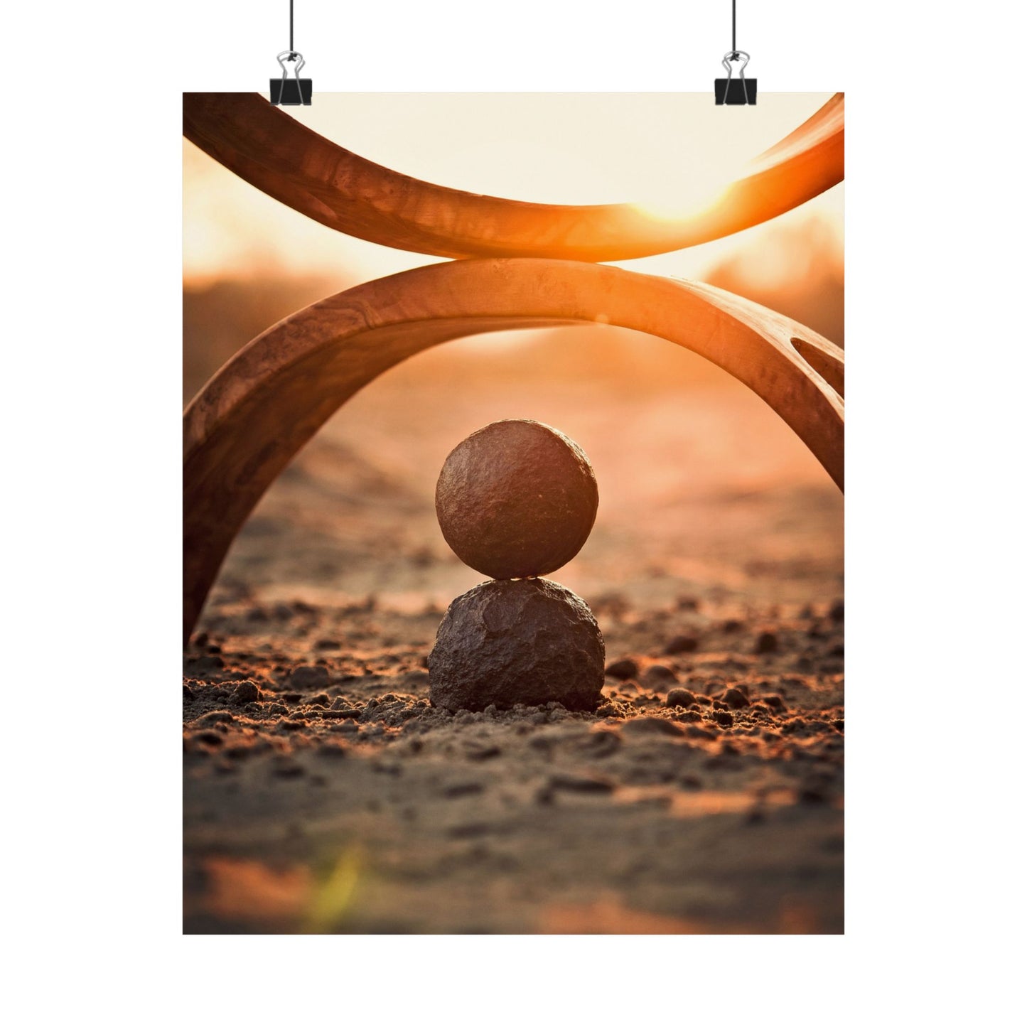 Two stones balanced on each other with abstract curved lines and a warm color palette.