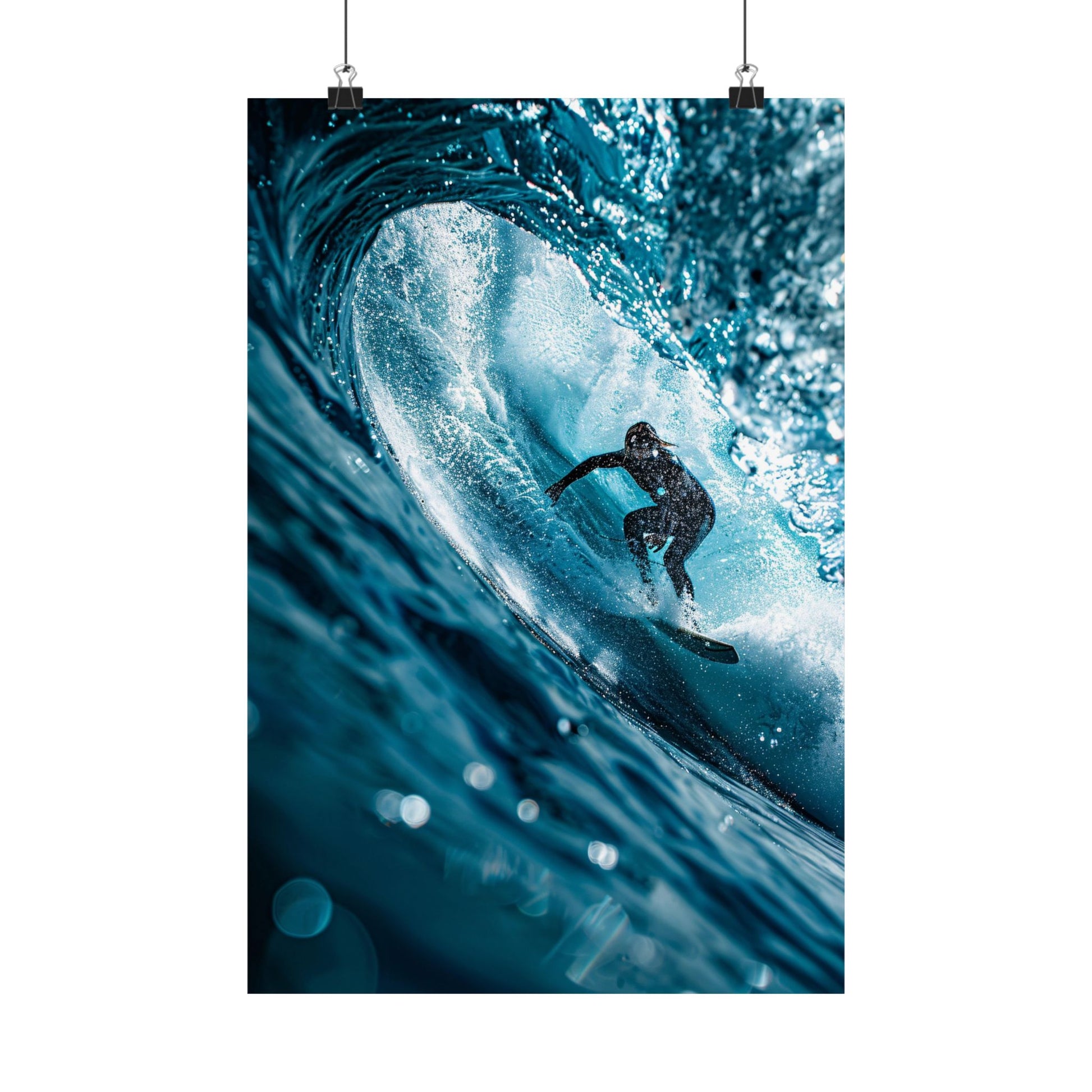 Poster of a surfer riding a large wave with a white background