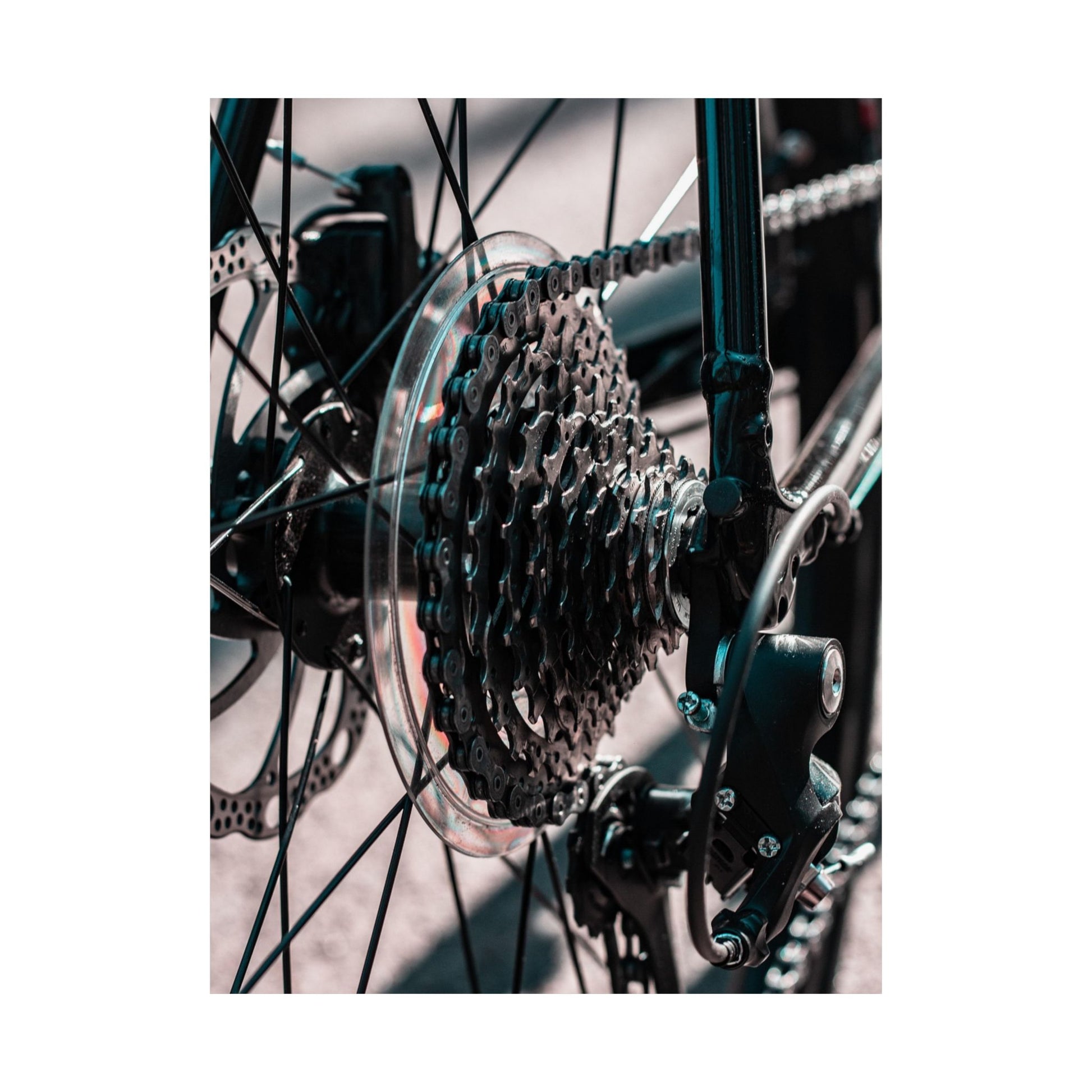 Close-up of a bicycle gear system with a blurred background