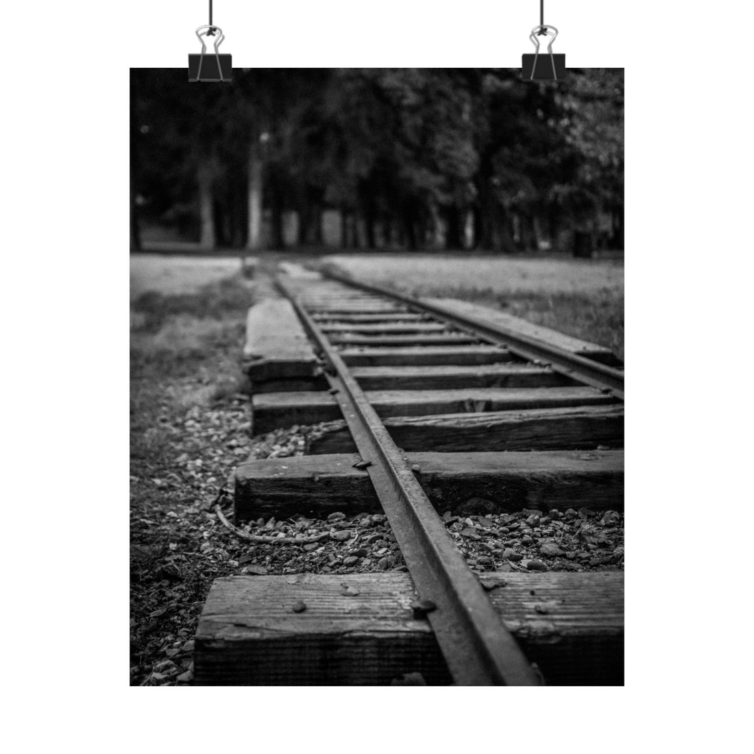 Black and white photograph of a railway track with trees in the background