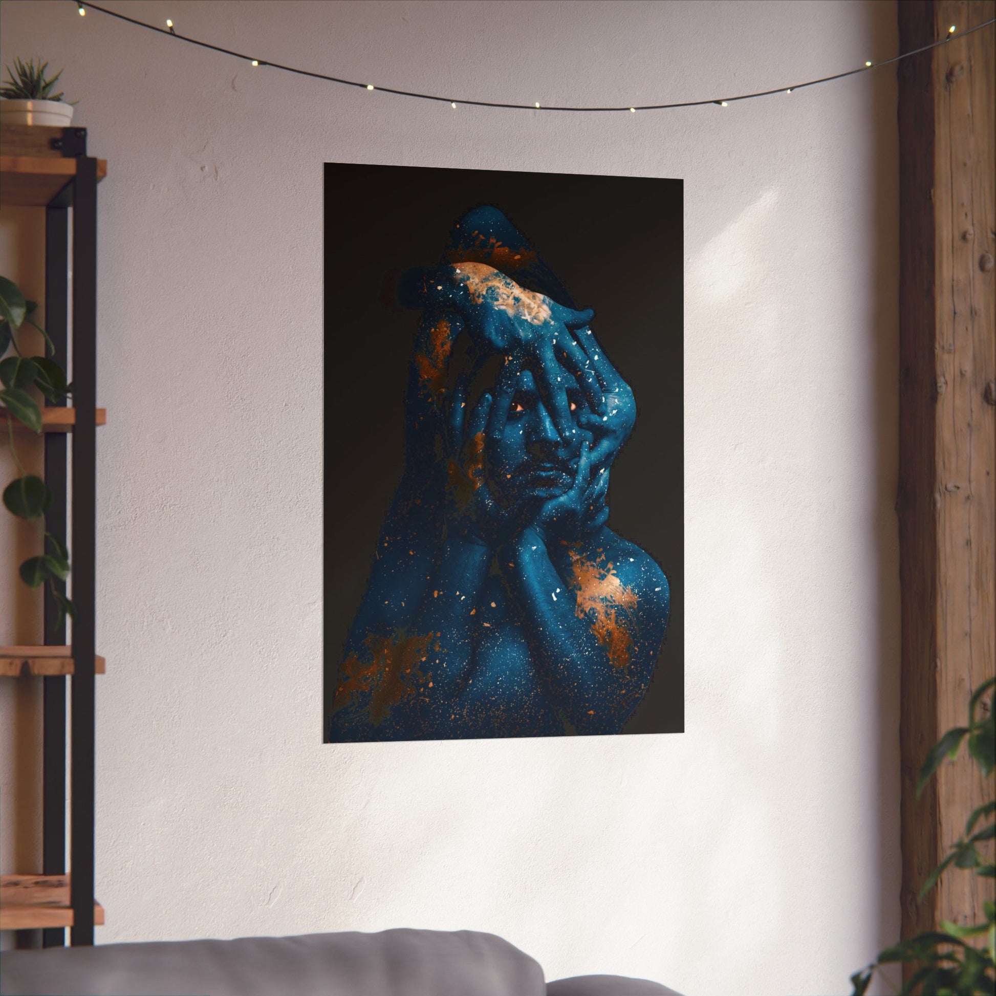 Artistic depiction of a couple embracing on a wall in a room with a shelf and plants.