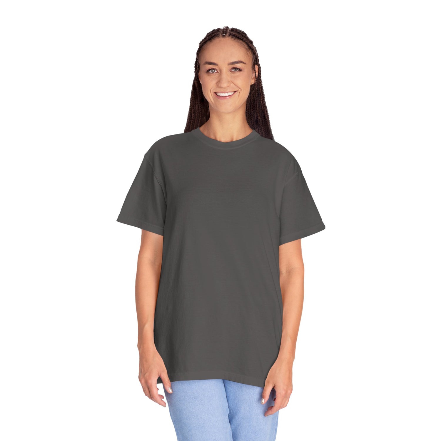 Woman wearing a gray t-shirt on a white background