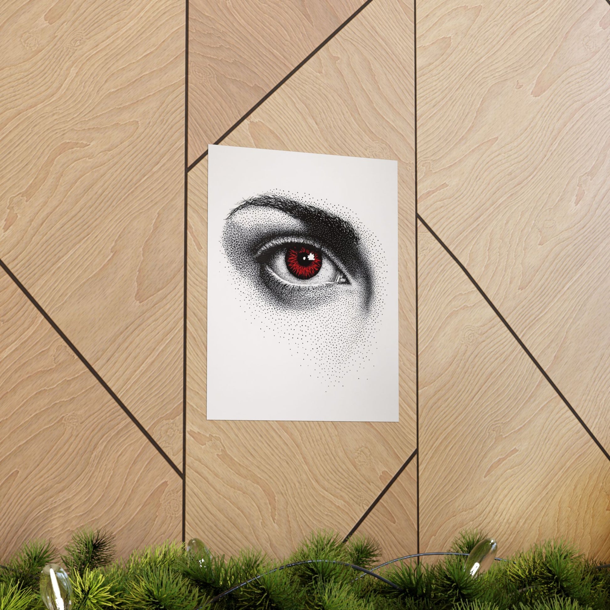 Poster of a stylized eye with red irises on a wooden wall.