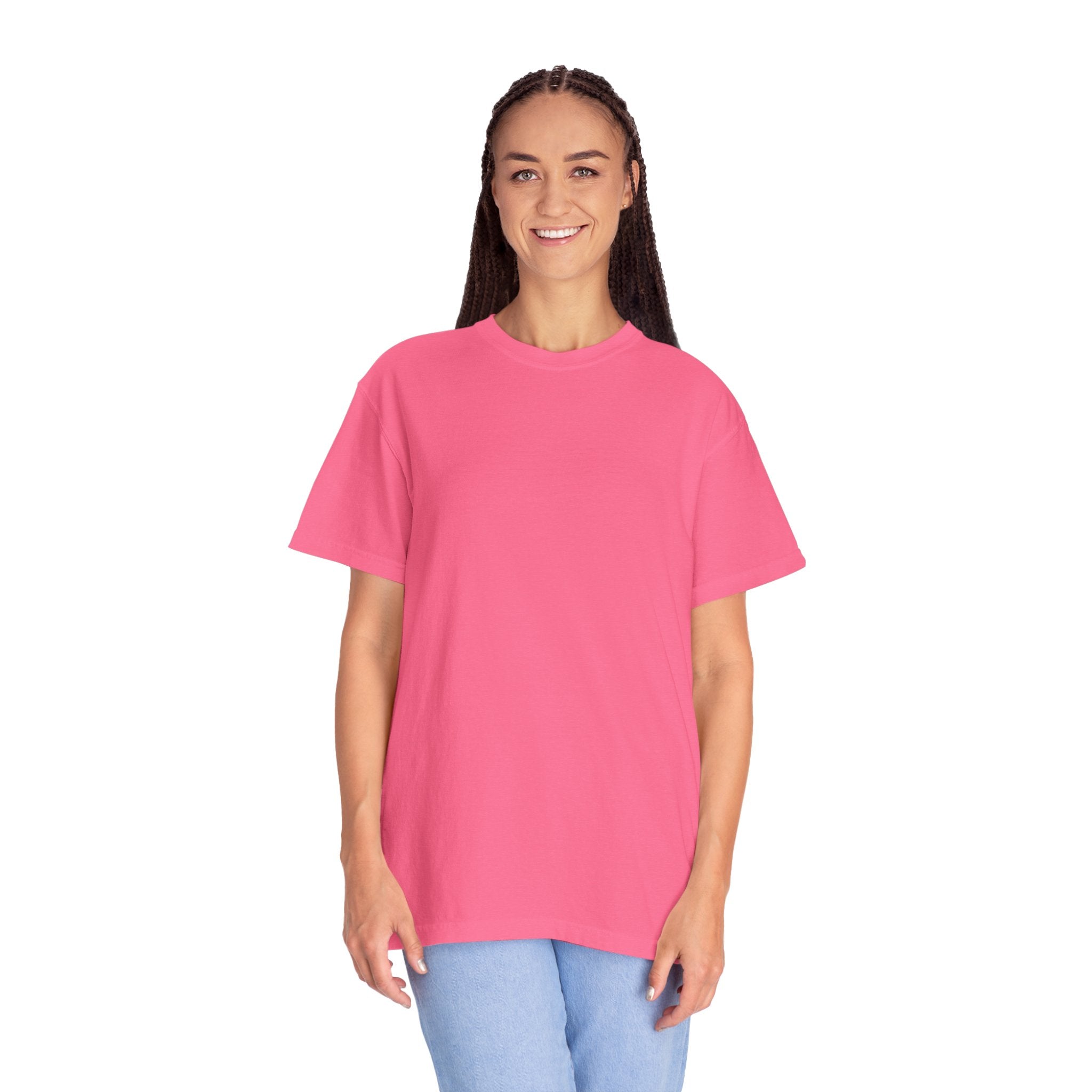 Person wearing a pink t-shirt on a white background