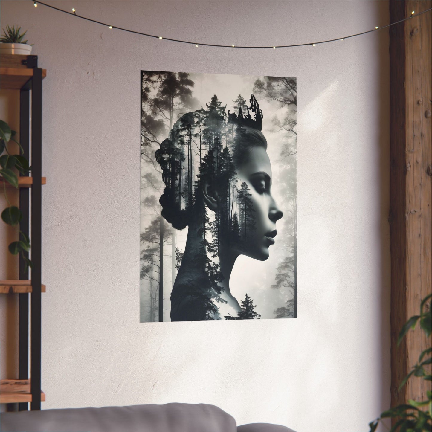 Framed artwork of a woman's face with forest integration on a wall.