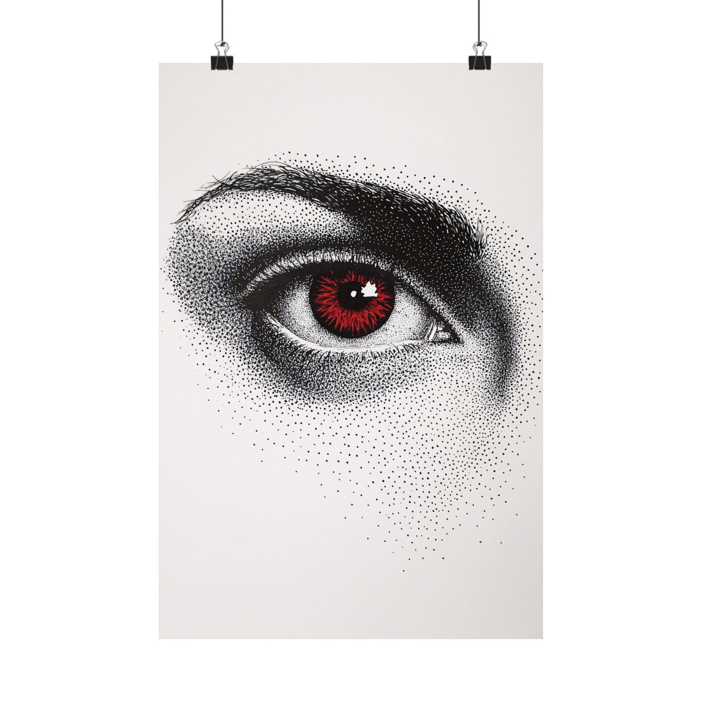 Artistic depiction of a detailed eye with red iris on a white background