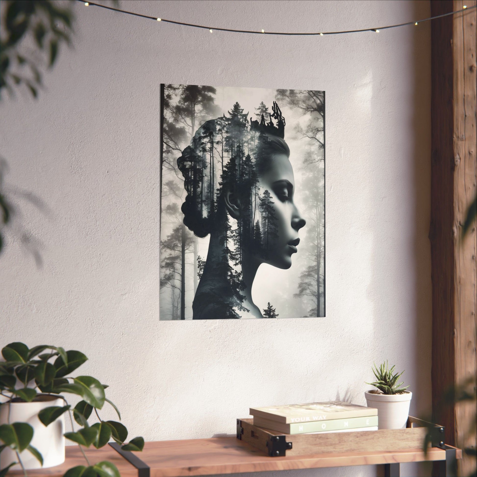 Artistic wall poster of a woman's face with forest integration on a white wall.
