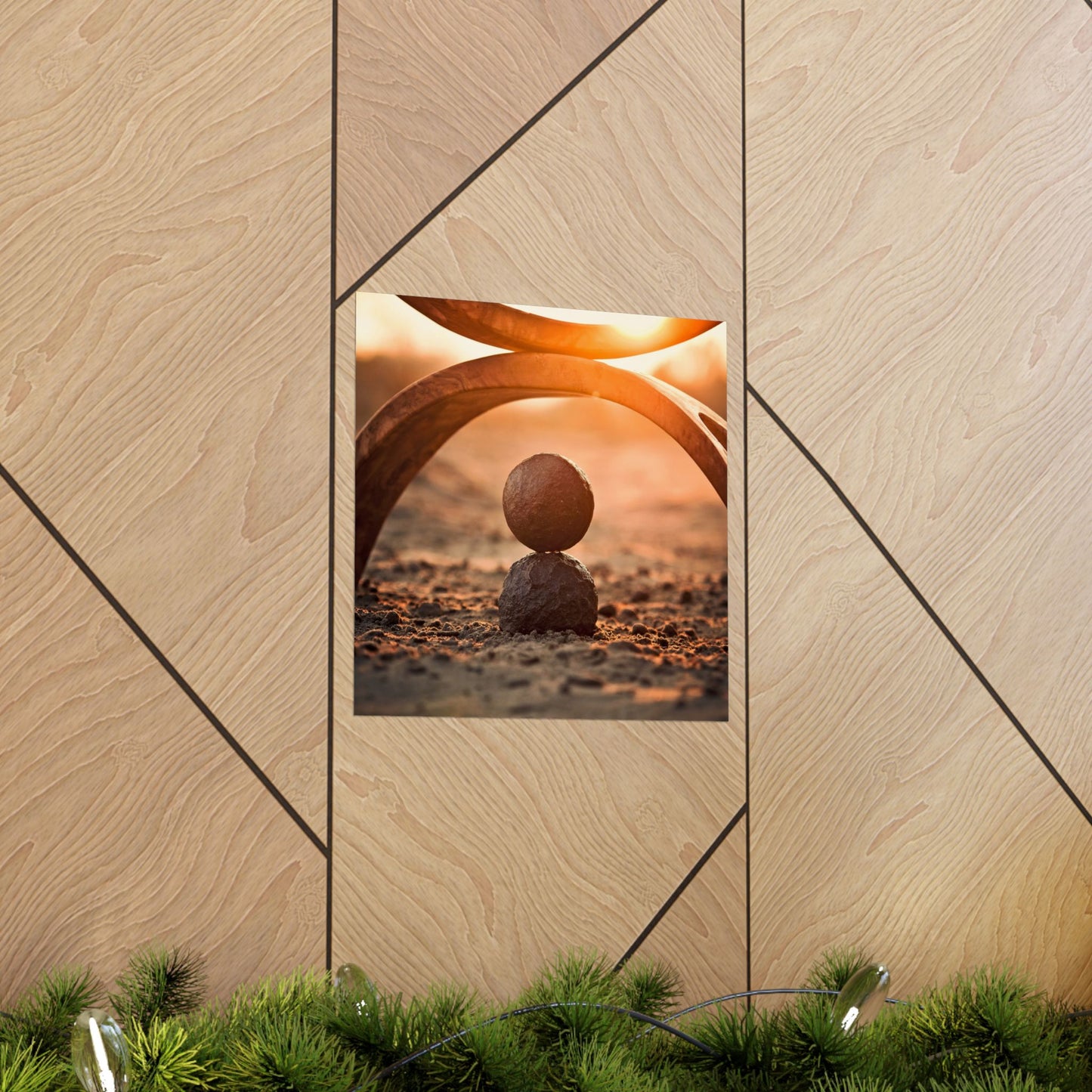 Decorative wall art with geometric frame on a wooden panel background