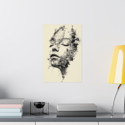 Abstract art print of a face on a wall above a shelf with books and a lamp.